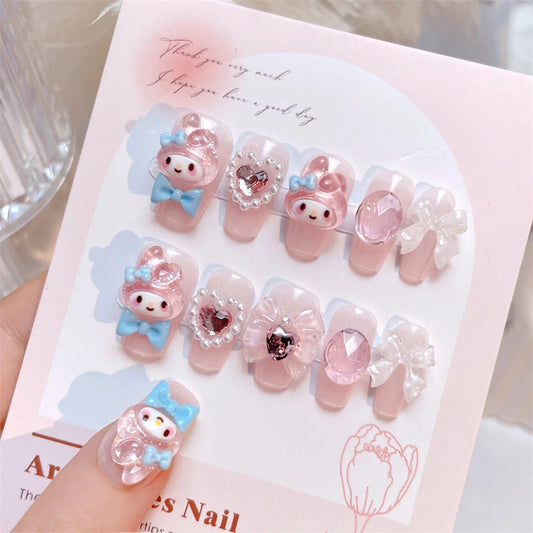 24Pcs Kawaii Miniso&Sanrio My Melody Fake Nails Cute Nail Patches Fashion Charm Press on Nails Women 2025 New Year Holiday Gifts