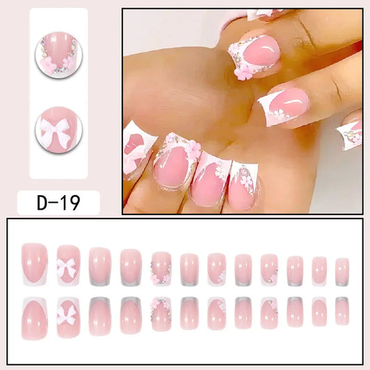 24Pcs Short Square French Bow Small Flowers Wearable Fake Nails Ins Detchable Cute Sweet False Nails For Girls Press On Nails