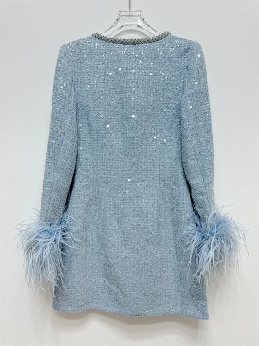 Sequins Tweed Dress Women Blue Splicing Long Sleeve Diamonds Square Collar Single-Breasted Ladies Feather Elegant Short Robe