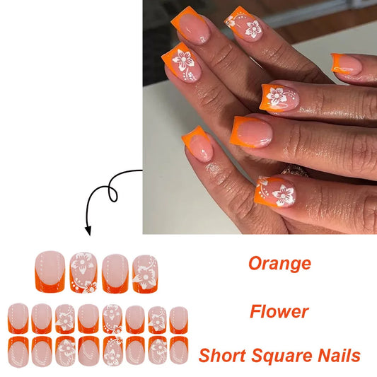 24Pcs Glossy Short Square Orange Edge Press On Nails French White Flower Design False Nails Full Cover Suitable For 2025 Spring