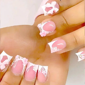 24Pcs Short Square French Bow Small Flowers Wearable Fake Nails Ins Detchable Cute Sweet False Nails For Girls Press On Nails