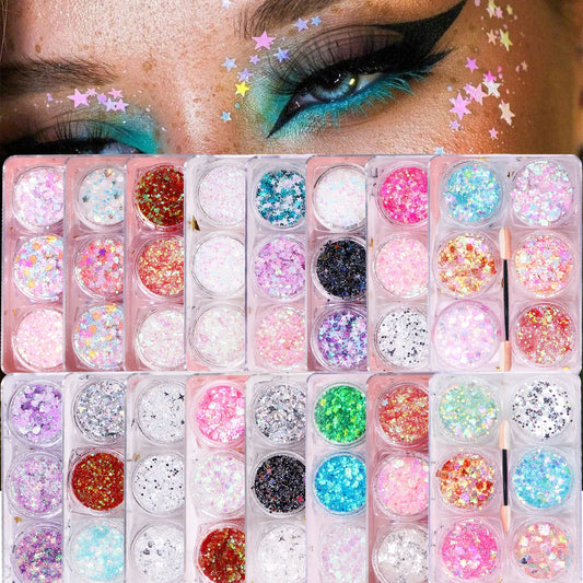 6 jars/set Eyeshadow Glitter Gel Cream Face Hair Body Nail Glitter Gel Heart Star Moon Loose Sequins Festival Makeup Decorations