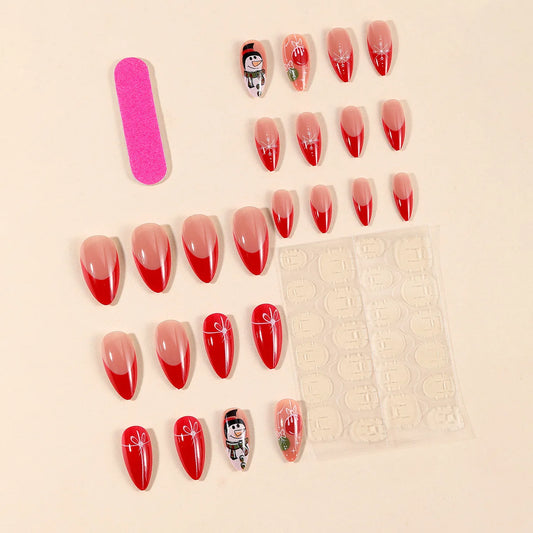 24pcs Christmas Snowman Press on Nails Glossy Red Fake Nail Patch Wearable Shiny French Almond False Nail Tips New Year Gifts