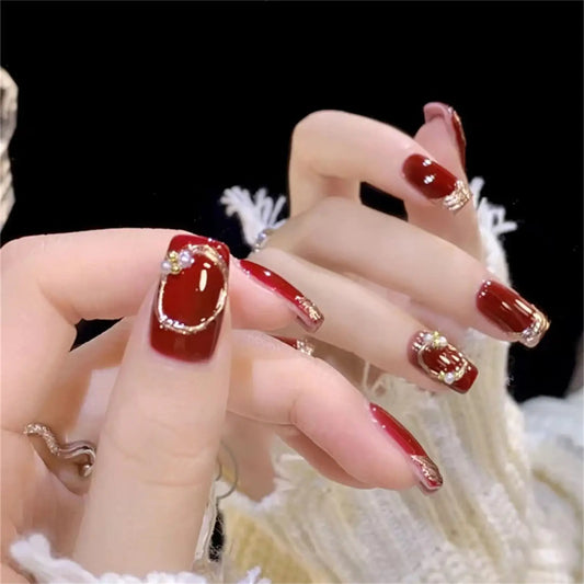 2025 New Year Charm False Nails Glossy Red Press on Nails Mid-length Square Head Wearable Fake Nails Pearls Designs 24Pcs