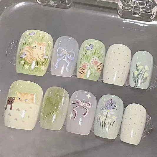 2025 New Watercolor Relief Wearing Explosion Wearing Nail Butterfly Fresh Nail Green Press on Nails  Short Press on Nails