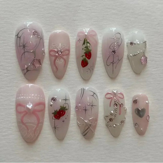 24pcs Short Almond Press on Nails 3D Flower Butterfly Fake Nails with Glue Colorful Natural Acrylic False Nails Full Cover Nails