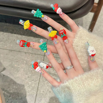 10pcs 2025 New Year Christmas Fake Nails Snowflake Design False Nails Art Full Cover Waterproof Removable Handmade Press on Nail