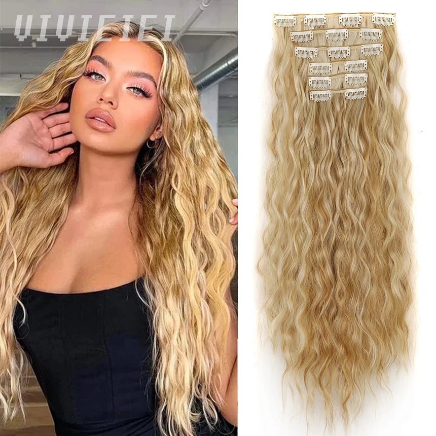 6-Piece Clip Type 16 Clip Synthetic 20Inch Water Wave gold Hair Extension Piece Long Mermaid Curly Synthetic Fiber Women's