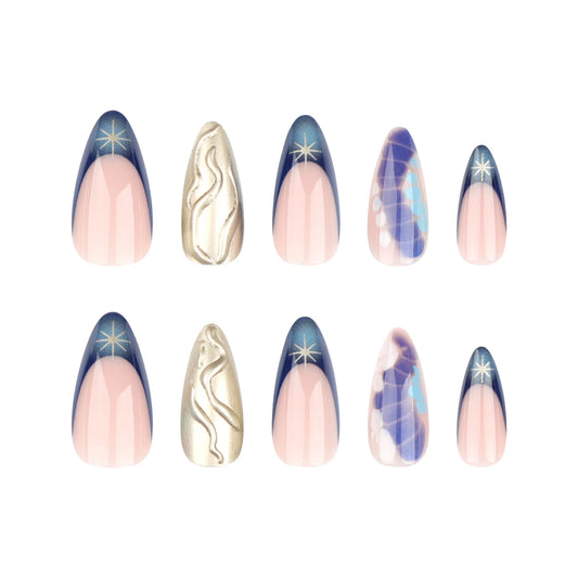 24pcs French Crocodile Pattern Press on Nails Medium Almond Gradient Halo Dyed Fake Nails With Glue 3D Waves Designs False Nails